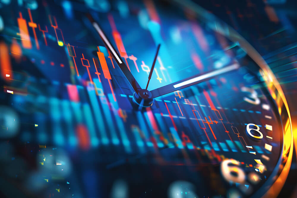Clock face merging with a stock market chart